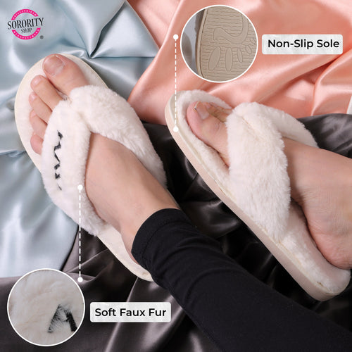 Alpha Phi - Furry Slippers Women - With Alpha Phi  Embroidery Logo