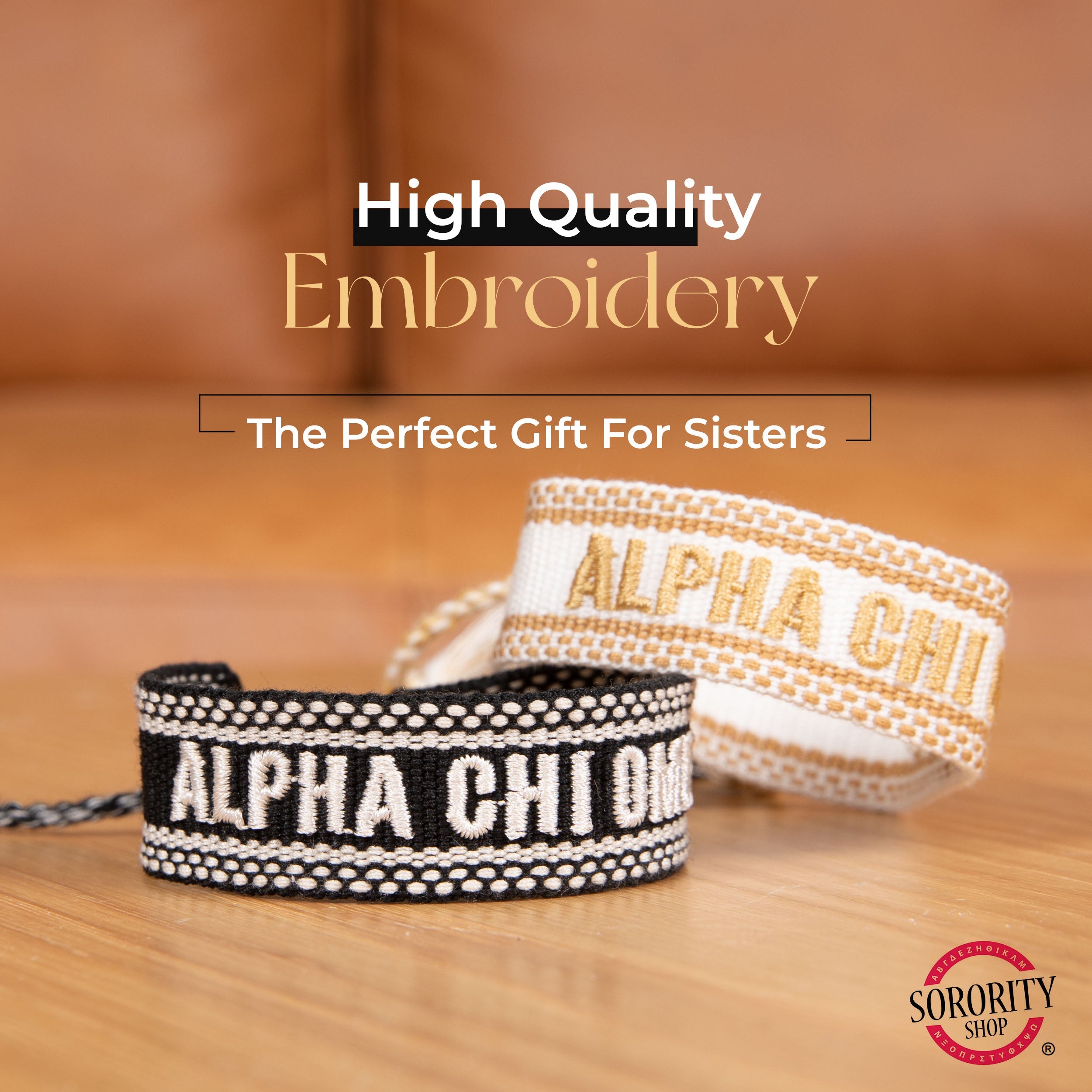 Alpha Phi Woven Bracelet, Black and White Design