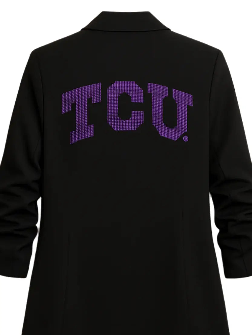 TCU Crystal Block Letters Black Ruched Sleeve Blazer