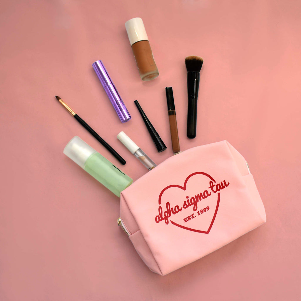 Alpha Delta Pi Pink Makeup Bag with White Heart and Logo