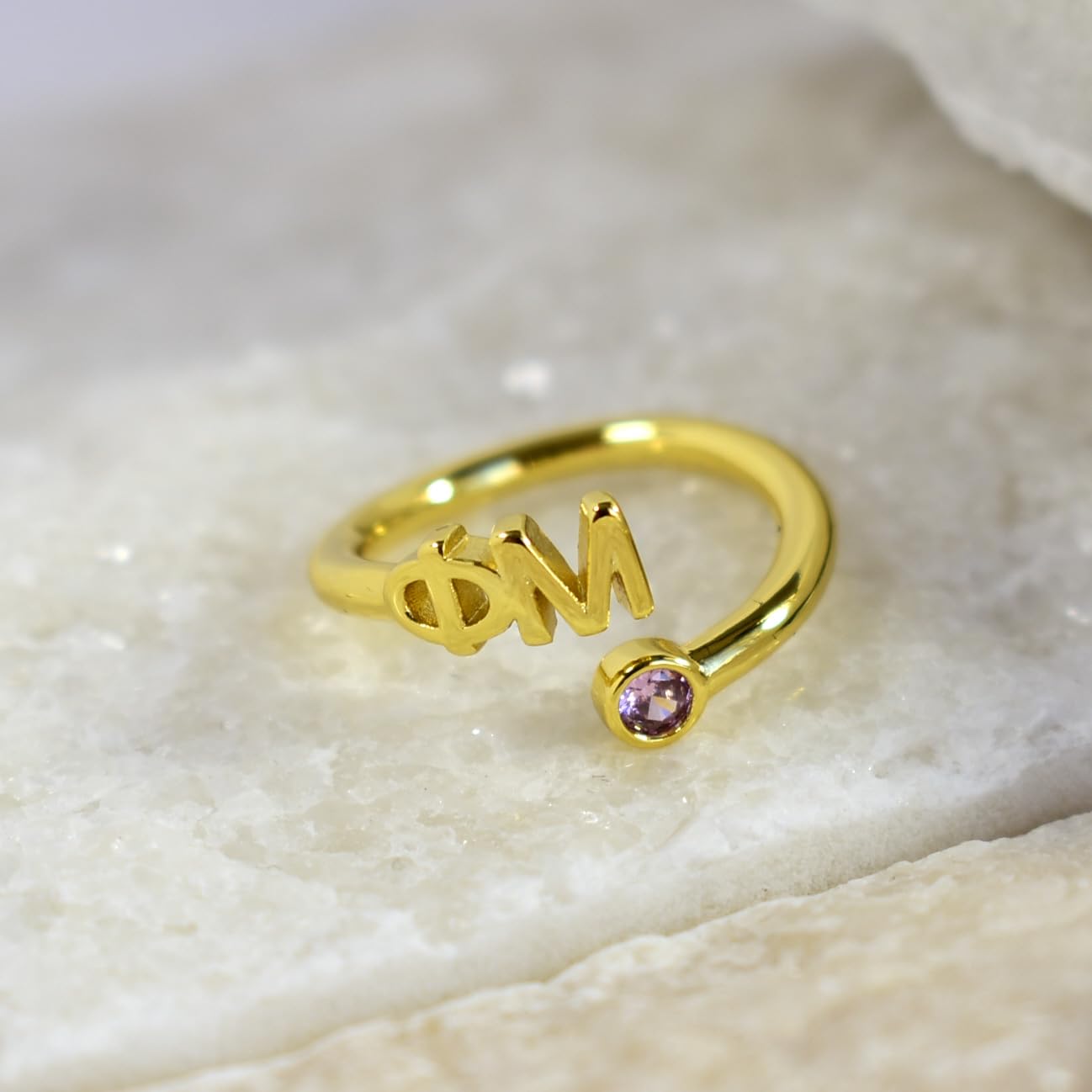 Alpha Phi Ring- Gold Plated with Greek Letters and CZ Gemstone