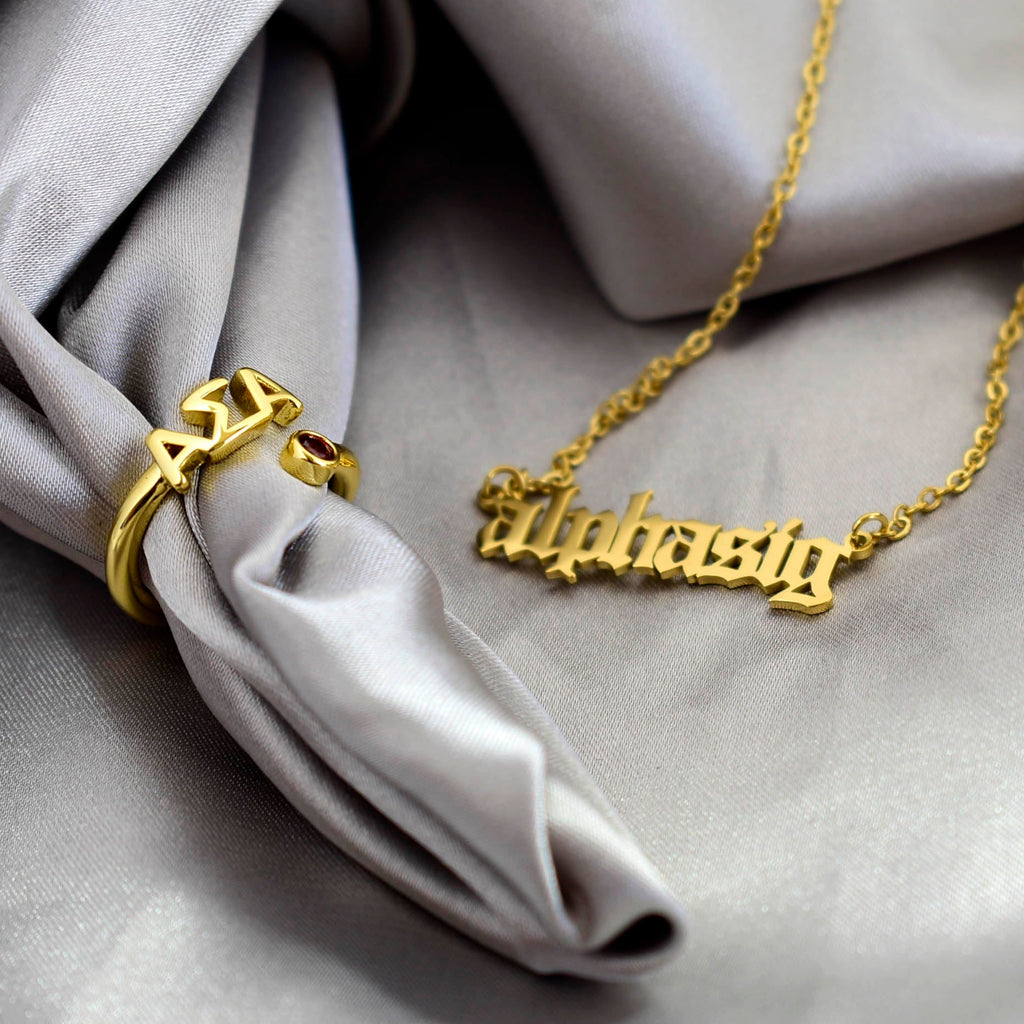 Kappa Delta Ring- Gold Plated with Greek Letters and CZ Gemstone