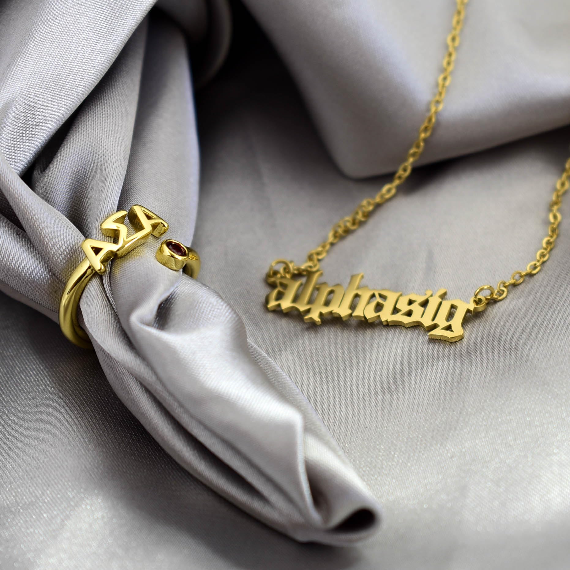 Alpha Delta Pi Ring- Gold Plated with Greek Letters and CZ Gemstone