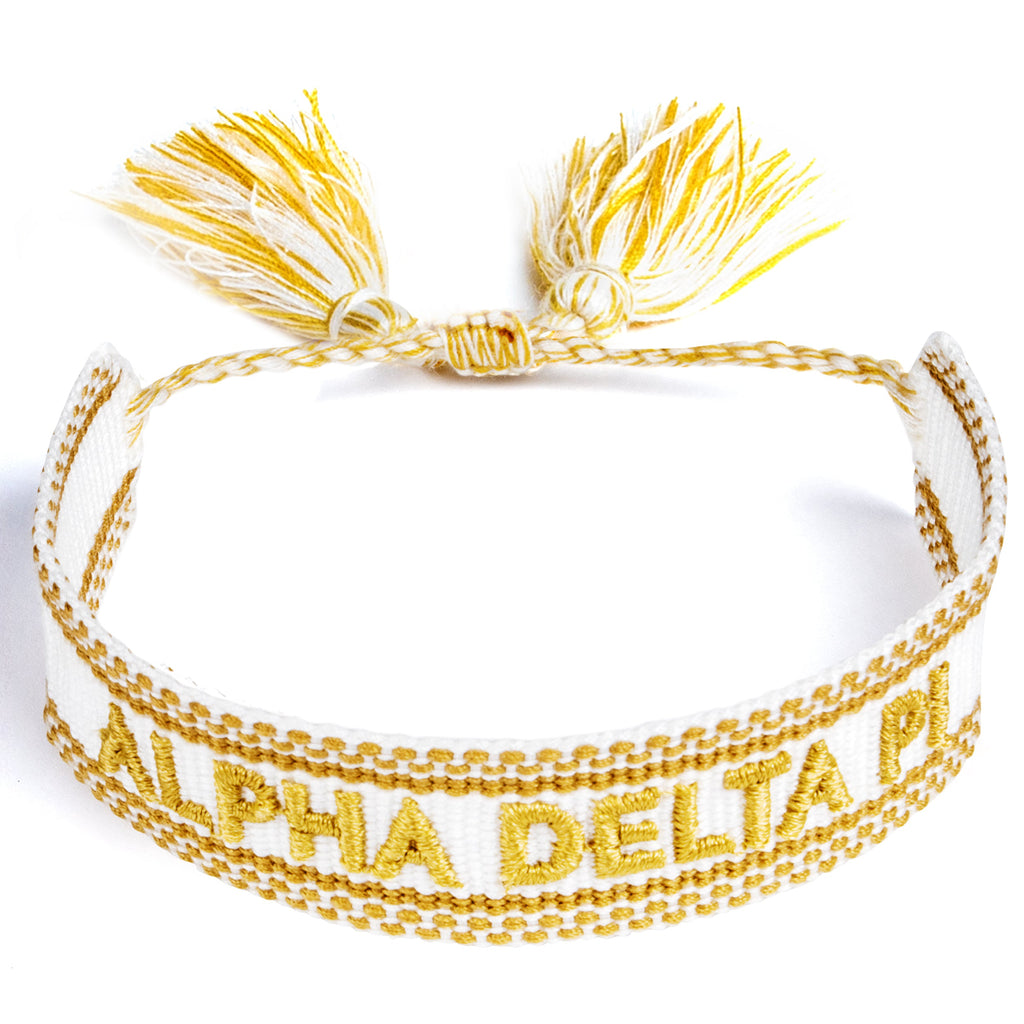 Alpha Delta Pi Woven Bracelet, White and Gold Design