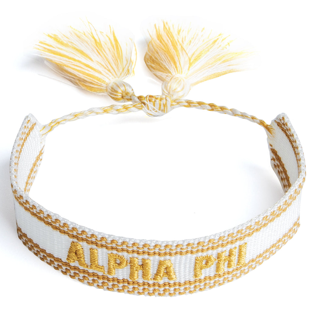 Alpha Phi Woven Bracelet, White and Gold Design