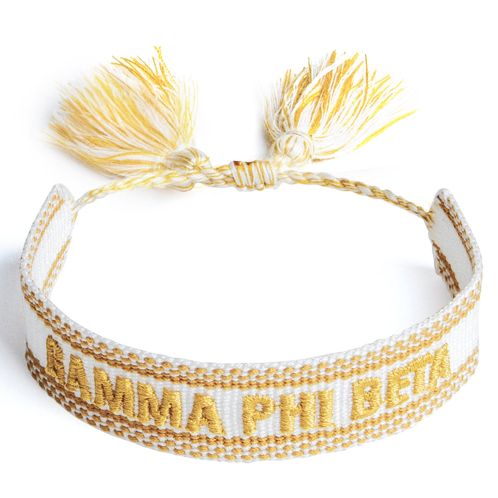 Gamma Phi Beta Woven Bracelet, White and Gold Design