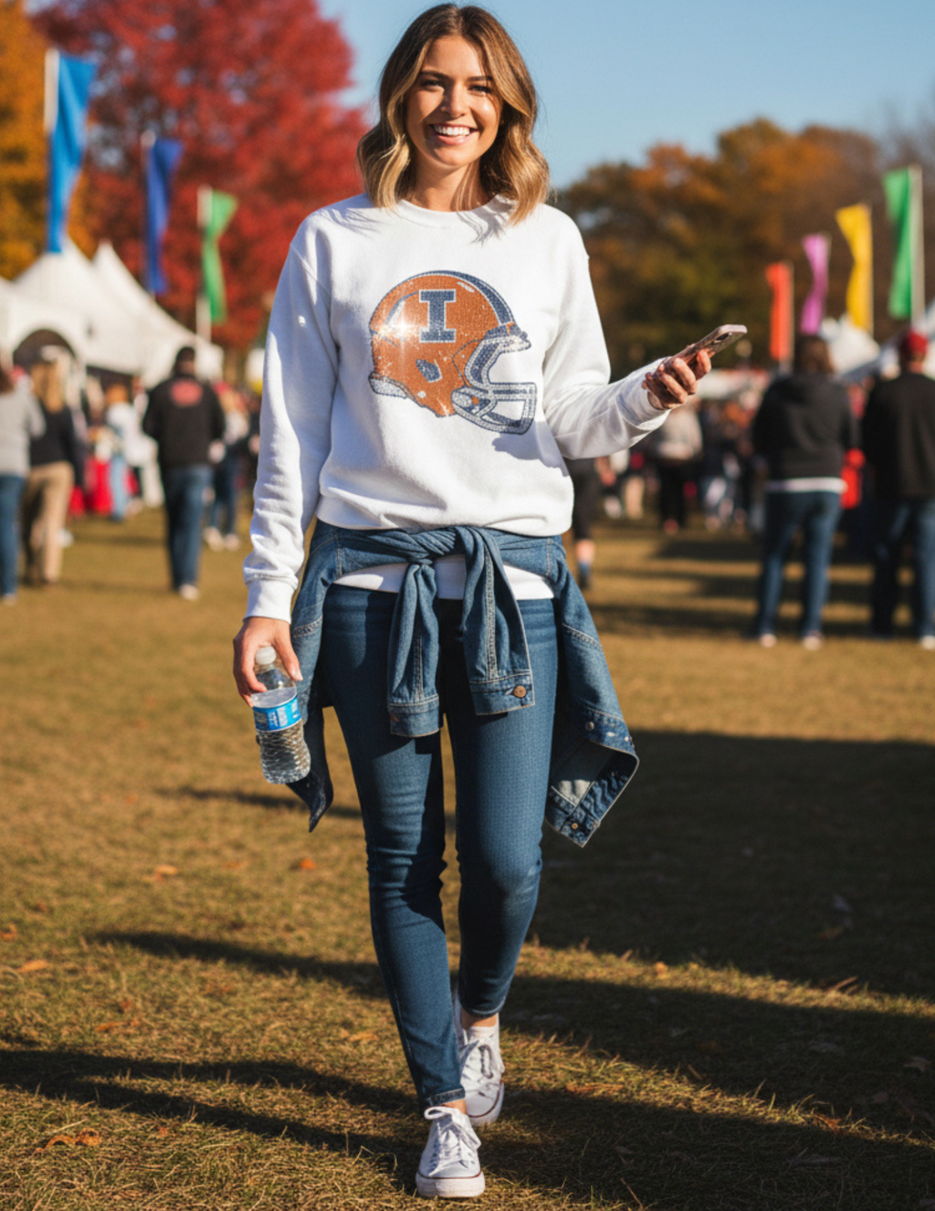 University of Illinois Helmet Crewneck White Sweatshirt