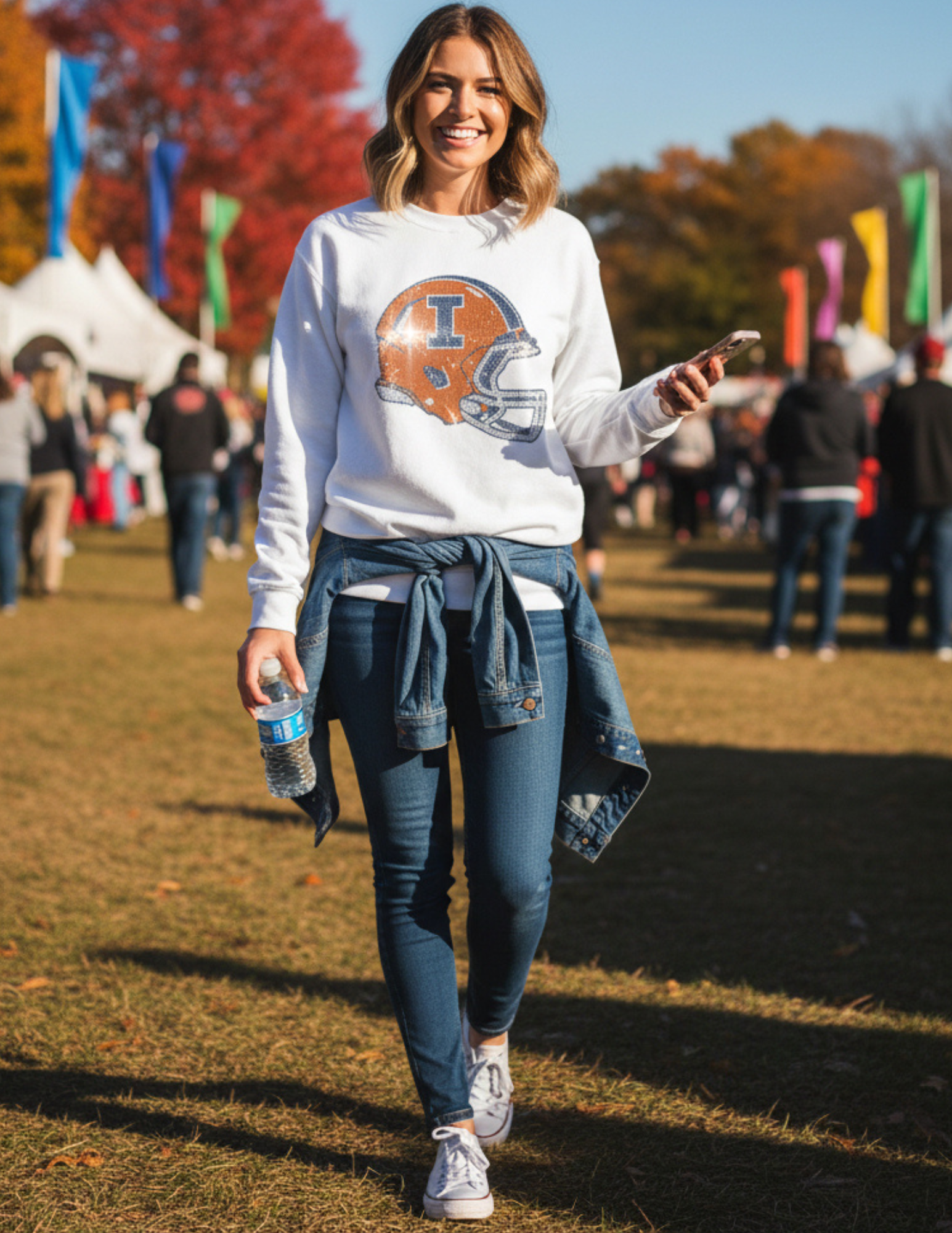 University of Illinois Helmet Crewneck White Sweatshirt