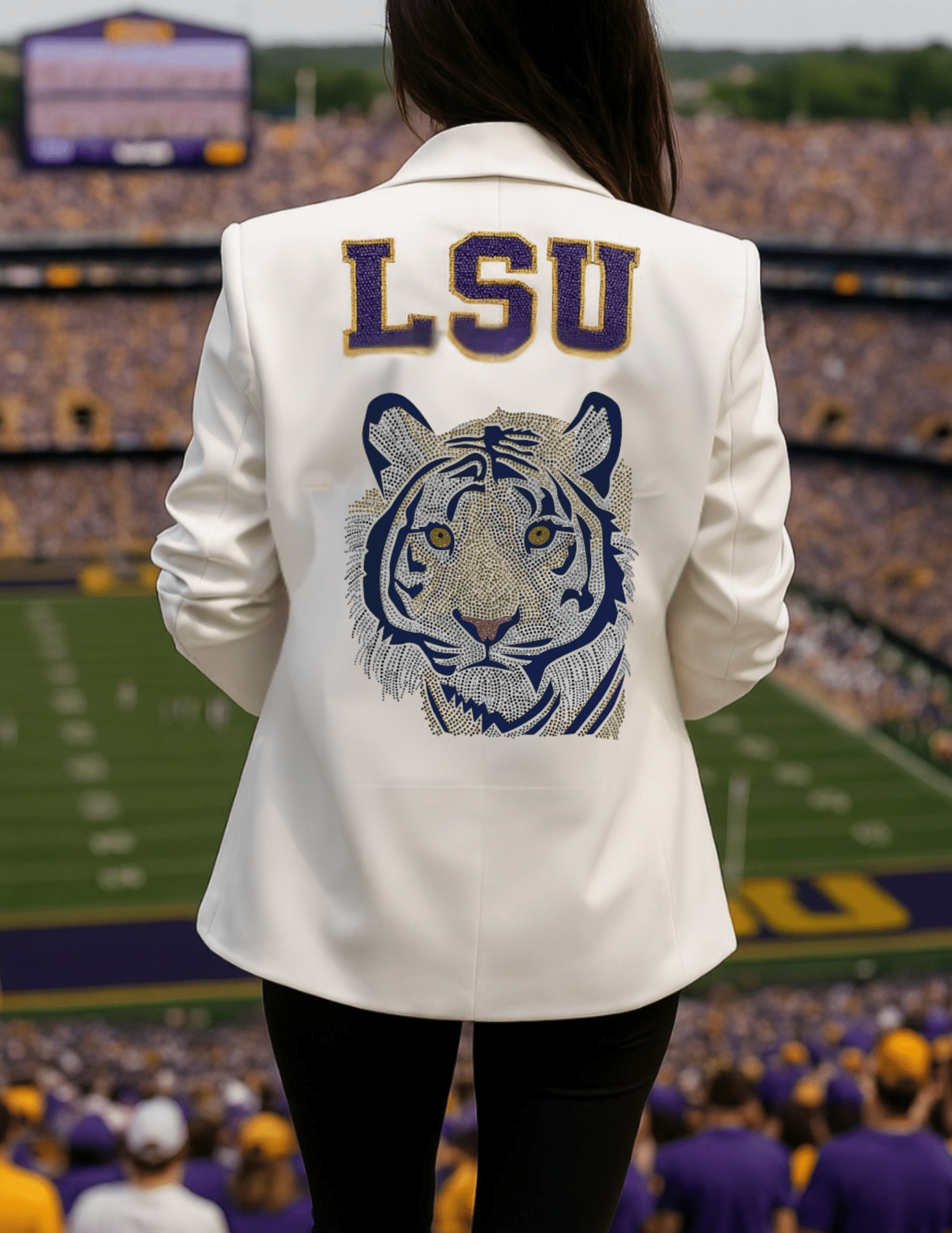 LSU Block Tiger White Ruched Sleeve Blazer