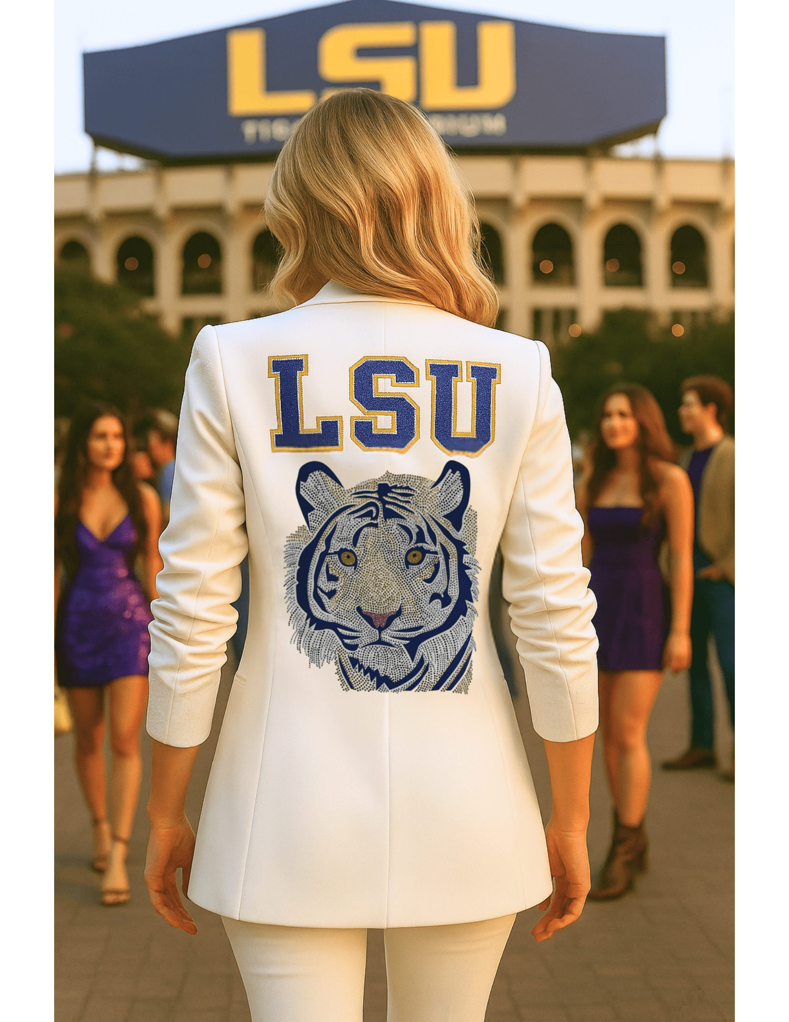 LSU Block Tiger White Ruched Sleeve Blazer