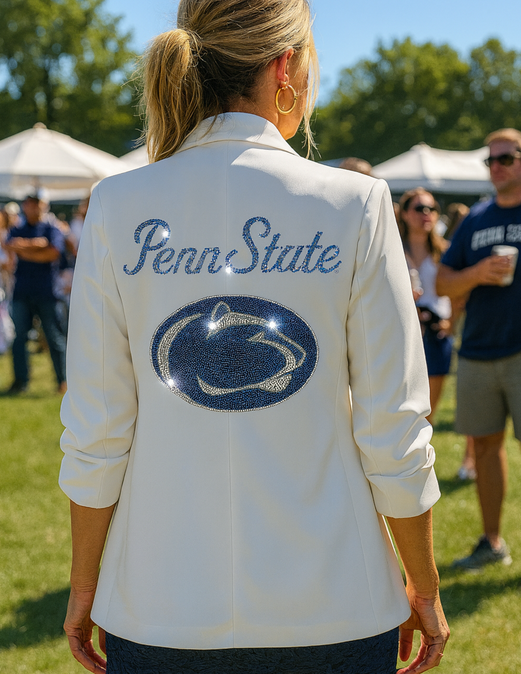 Game Day Blazer, White Ruched, Penn State Script Nittany Lion