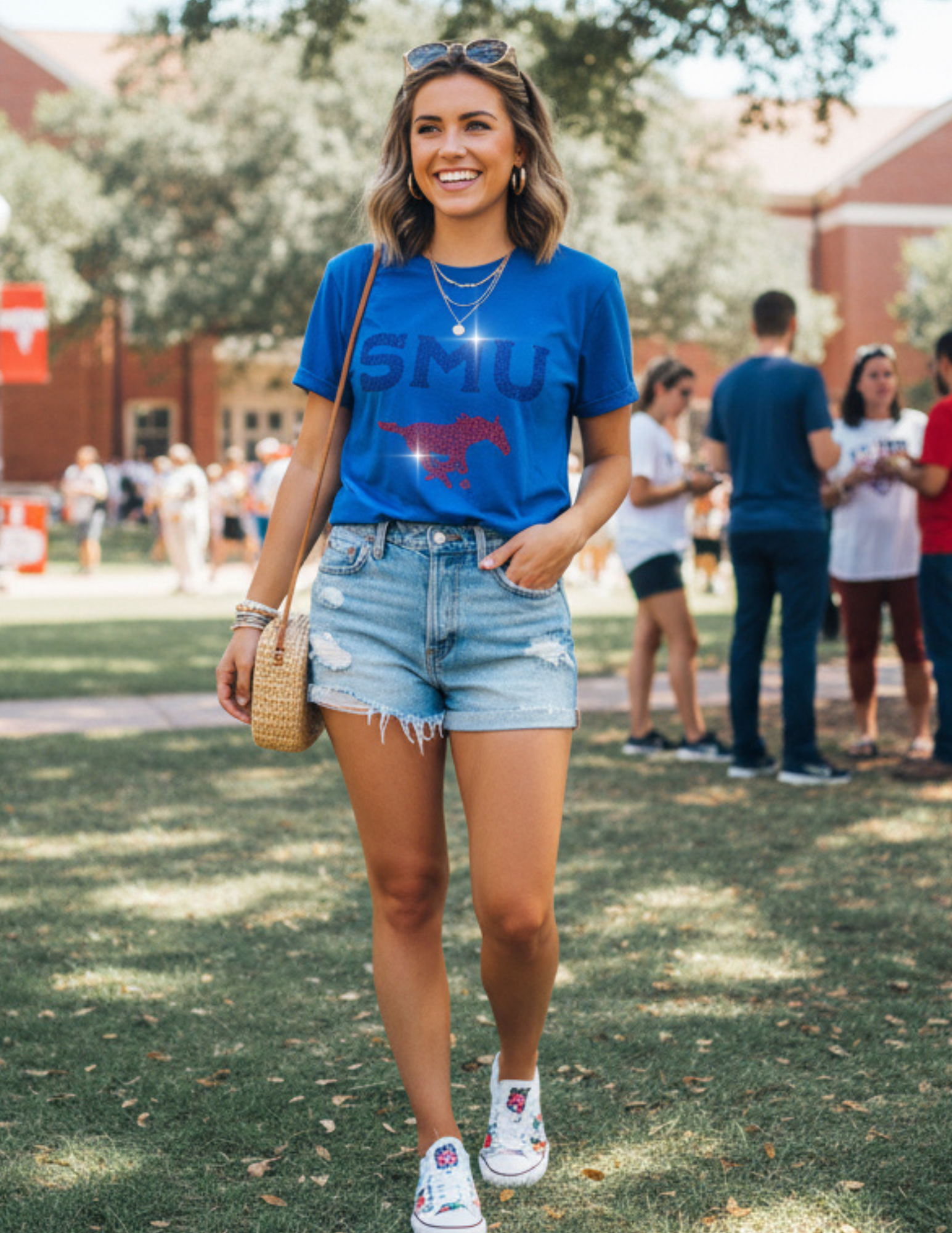 SMU Red Mustang Royal Blue Crewneck Short Sleeve T-Shirt