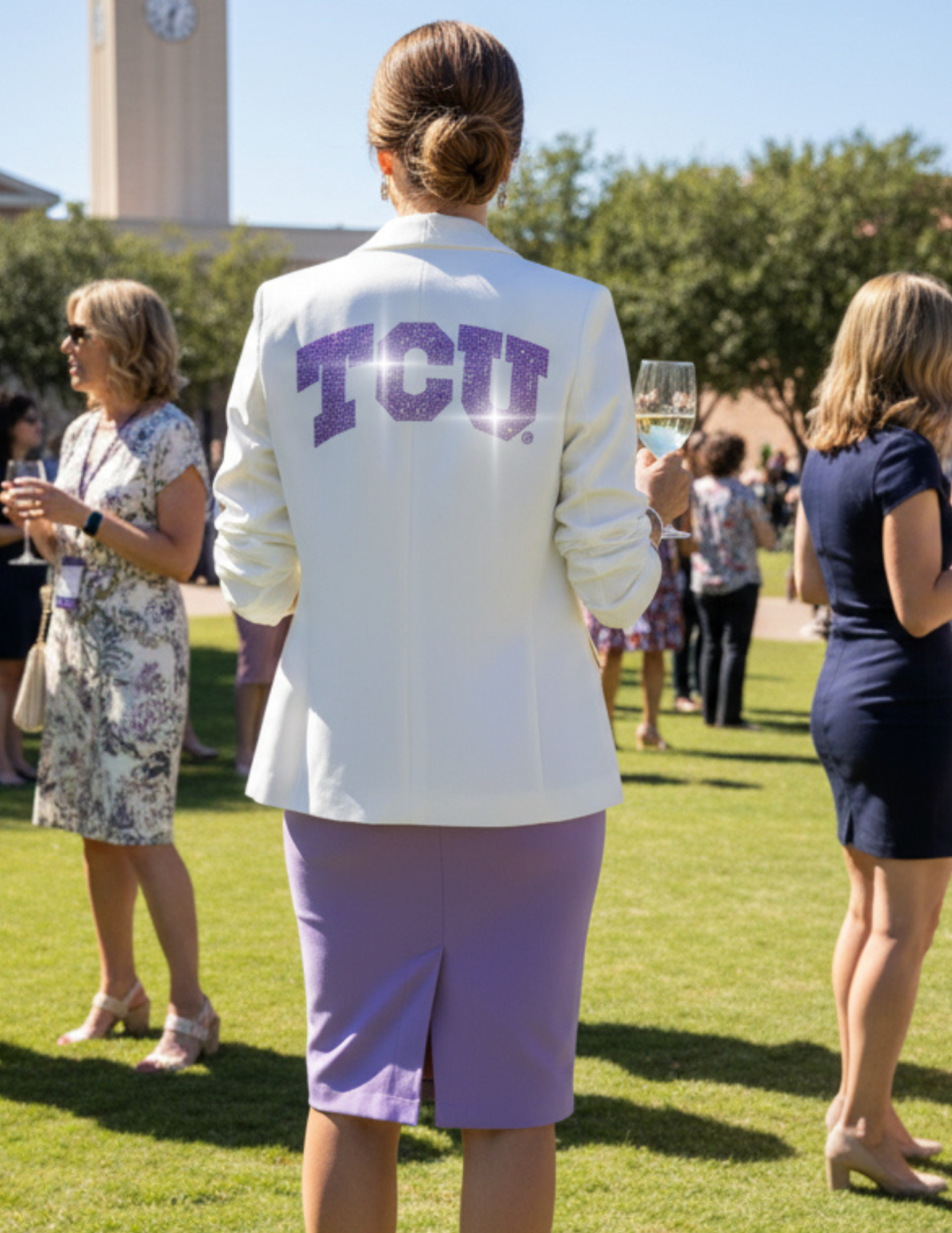 TCU Crystal Block Letters White Ruched Sleeve Blazer