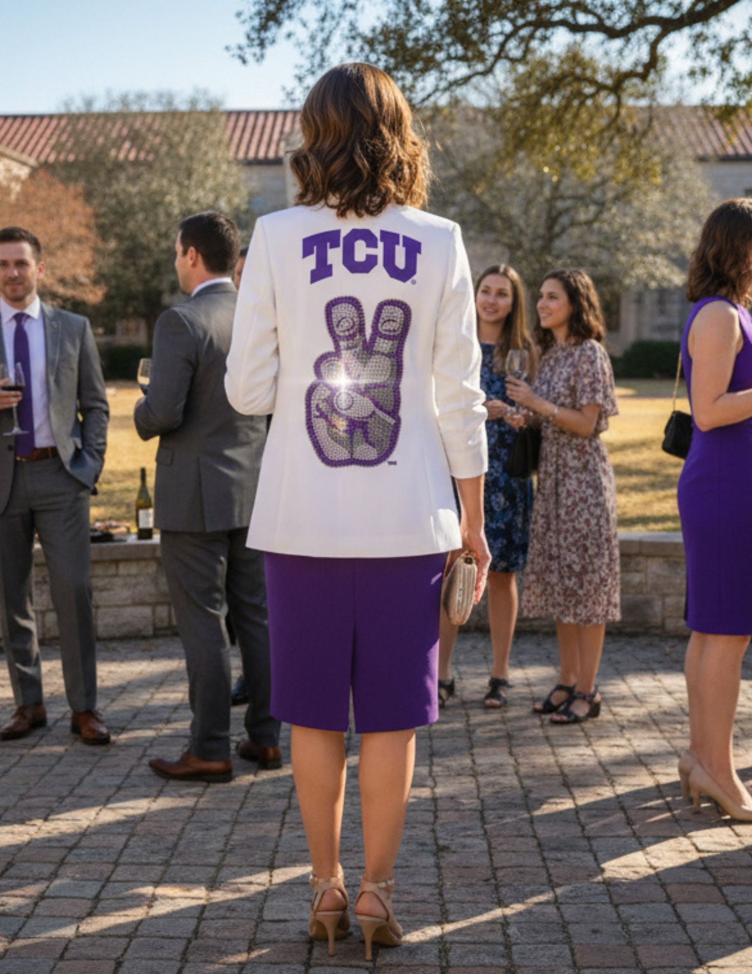 TCU Hand Mark White Ruched Sleeve Blazer