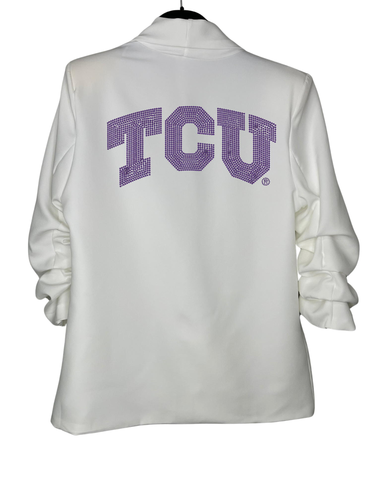 TCU Crystal Block Letters White Ruched Sleeve Blazer