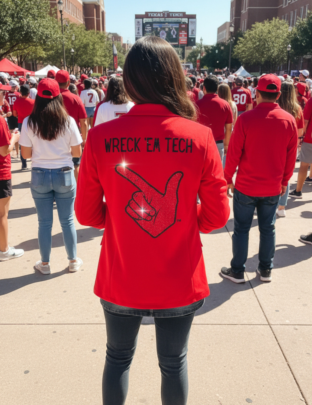 Game Day Blazer, Ruched Red, Texas Tech Wreck Em Tech Guns Up Hand