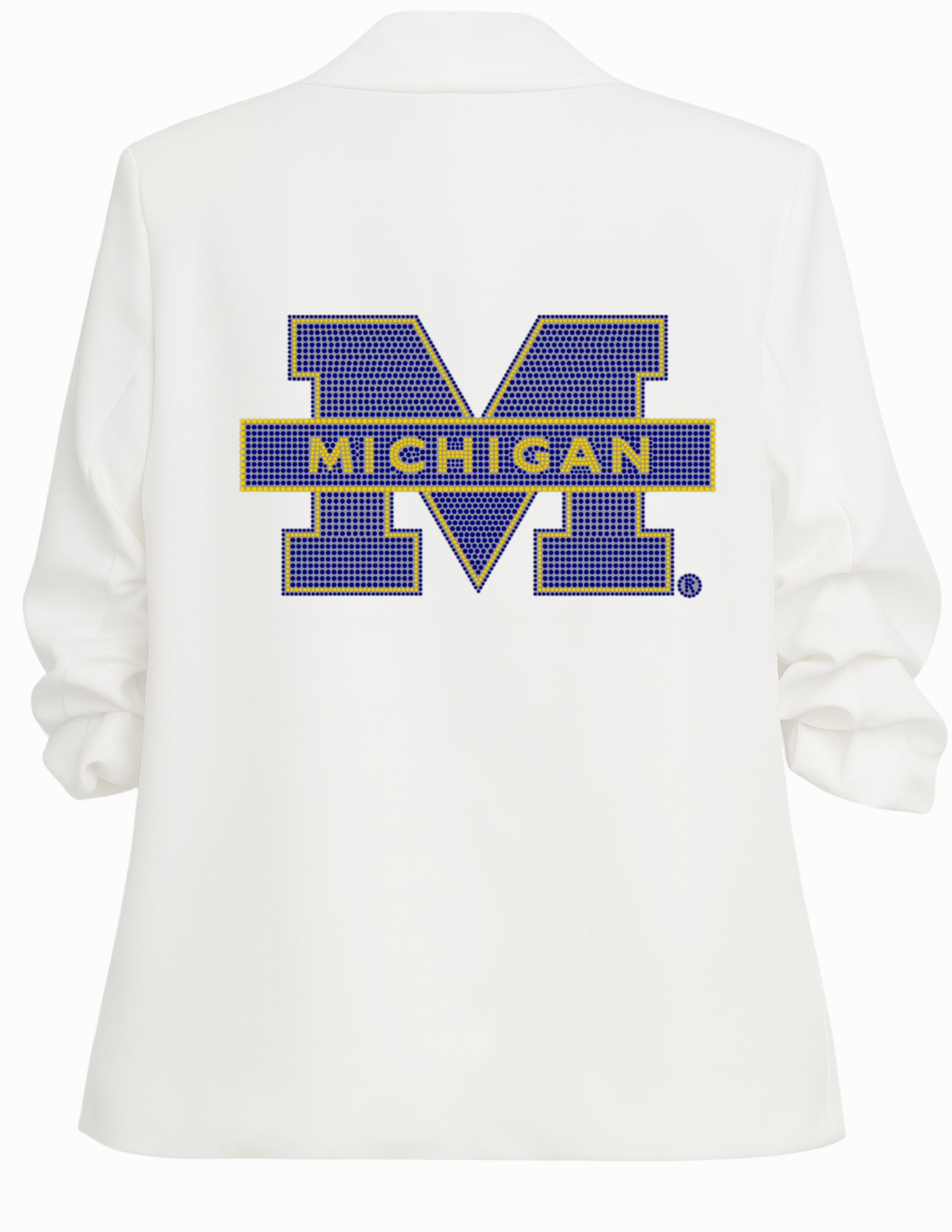 University of Michigan Block M White Ruched Sleeve Blazer