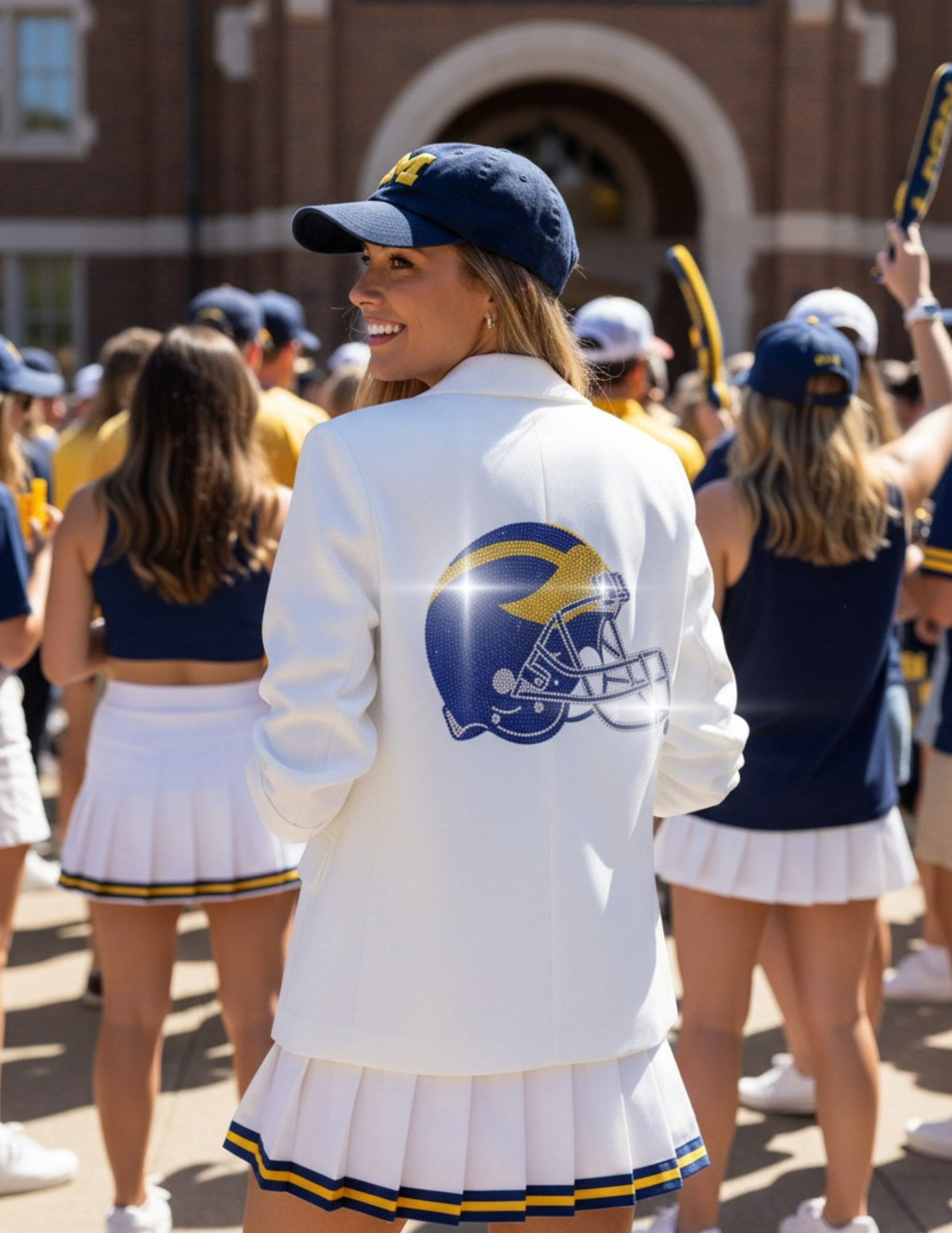 University of Michigan Helmet White Ruched Sleeve Blazer