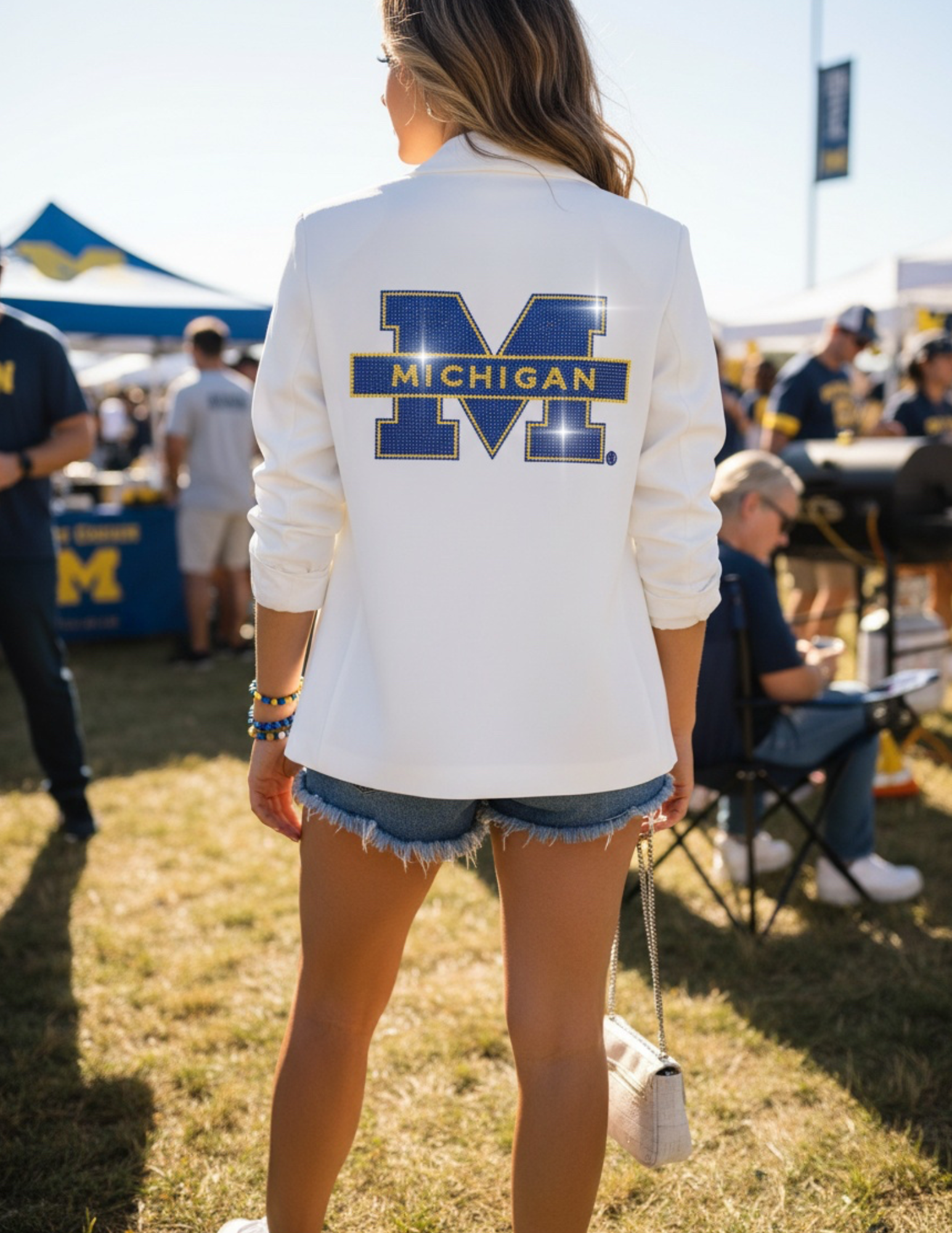 University of Michigan Block M White Ruched Sleeve Blazer