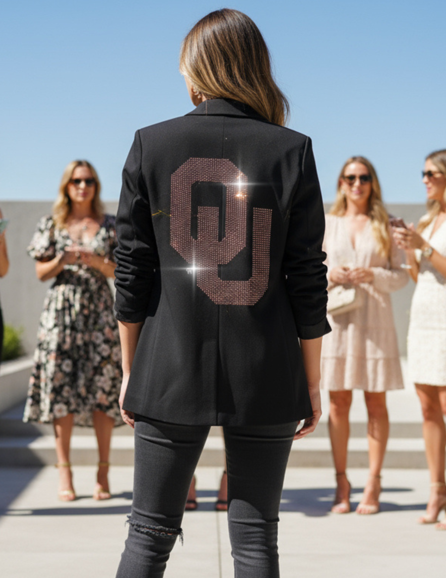 University of Oklahoma Interlocking OU Black Ruched Sleeve Blazer