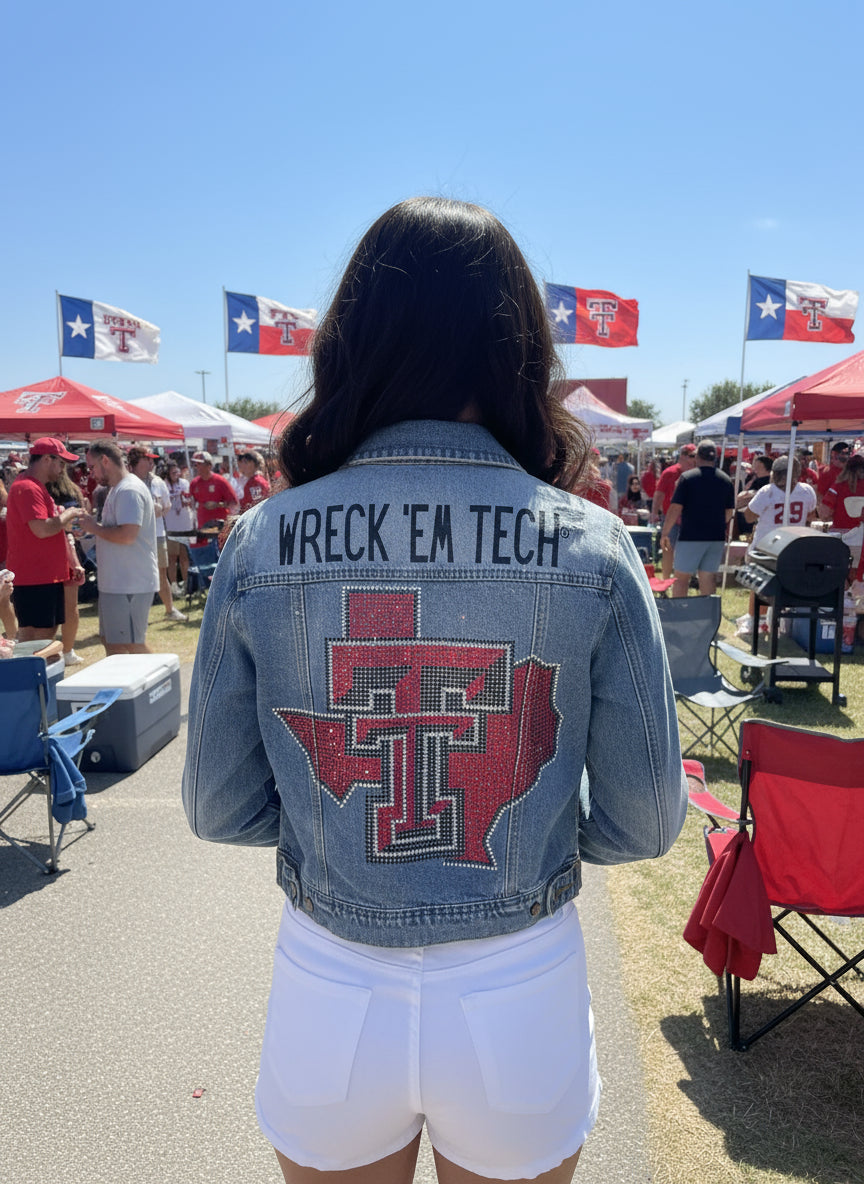 Game Day Jacket, Denim, Texas Tech TT State Map Wreck 'Em Tech