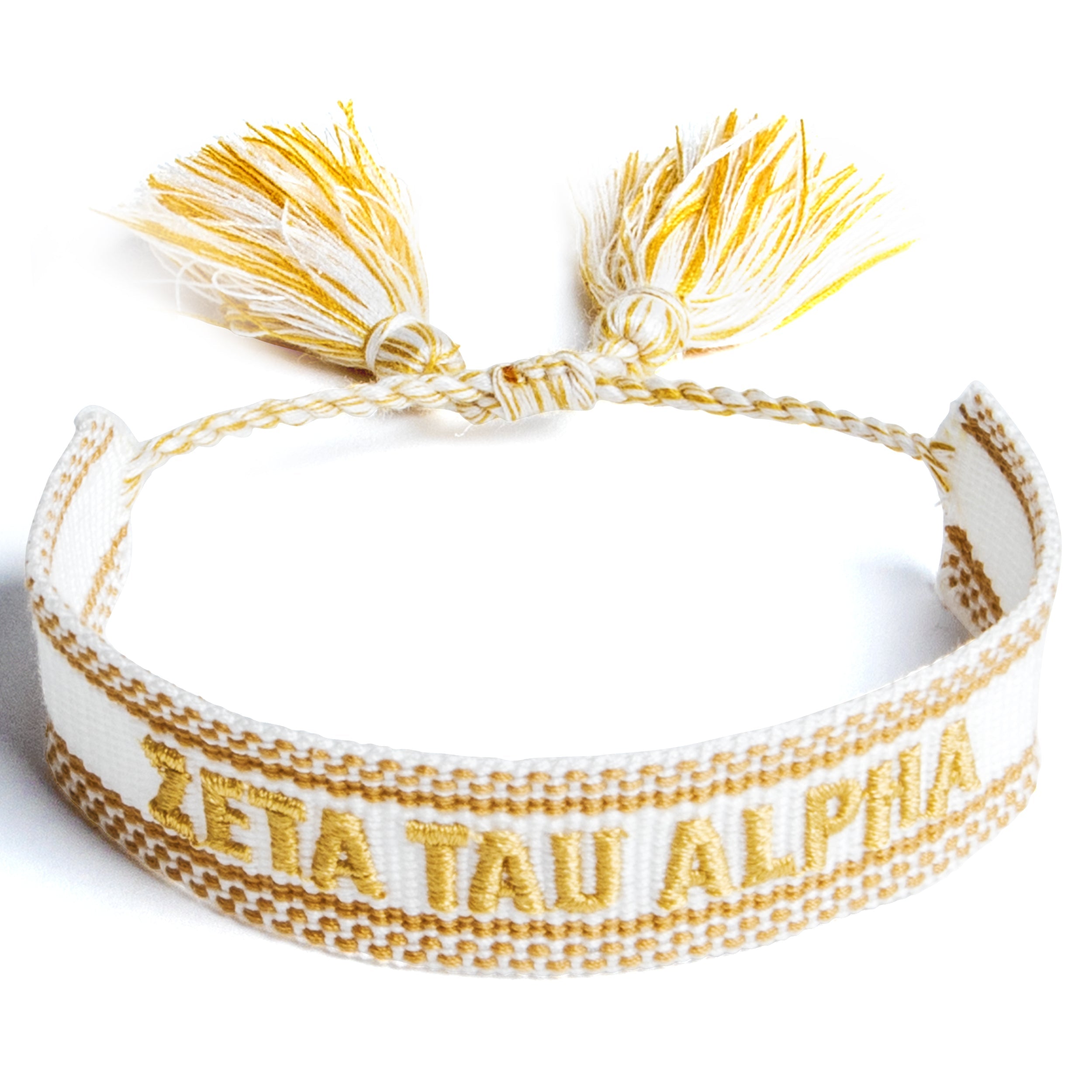Zeta Tau Alpha Woven Bracelet, White and Gold Design
