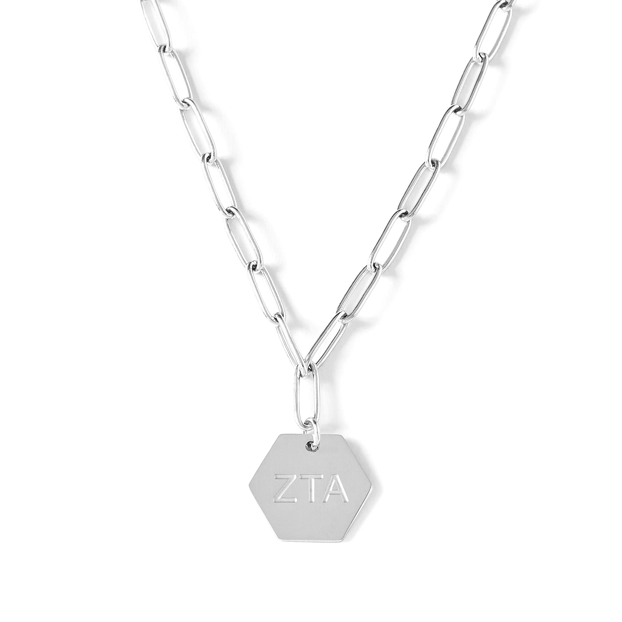 Zeta Tau Alpha Necklace- Silver Paperclip Style with ZTA Pendant