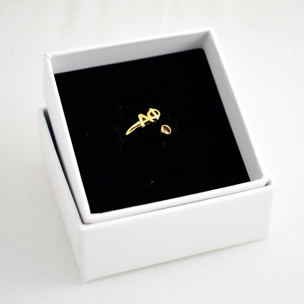 Alpha Phi Ring- Gold Plated with Greek Letters and CZ Gemstone