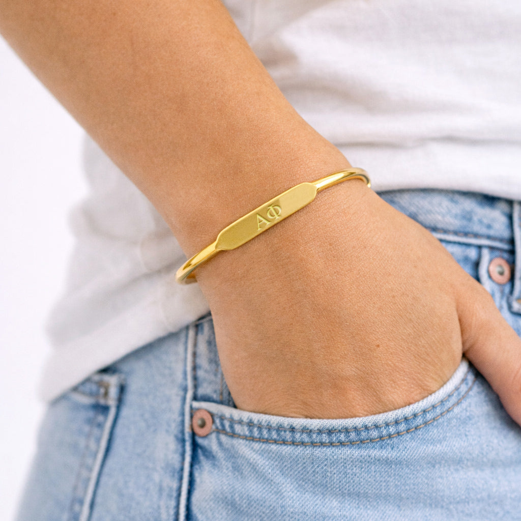 Alpha Phi Bracelet- Gold-Plated Bangle with Greek Letters