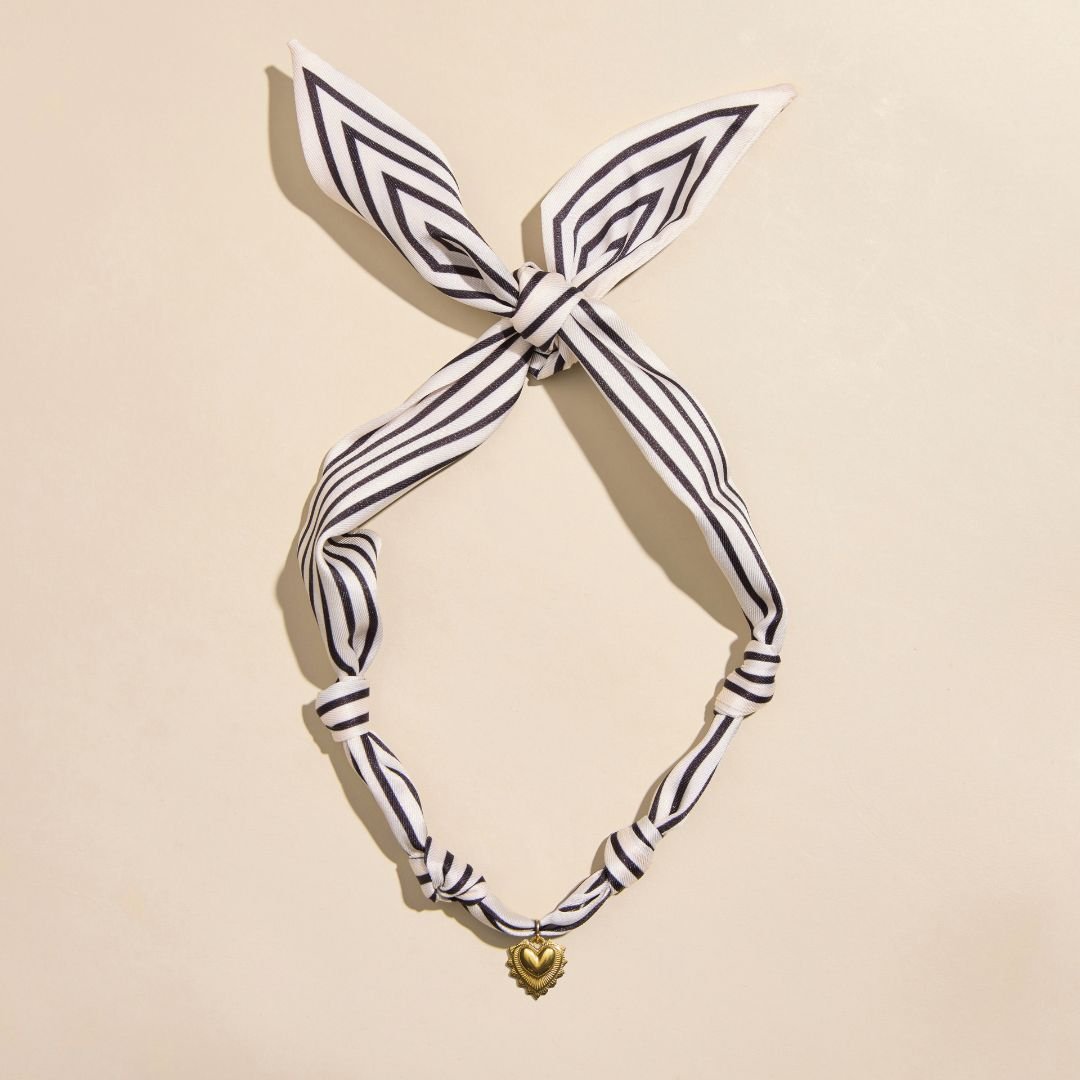 Black & White Stripe Satin Scarf Necklace in Gold