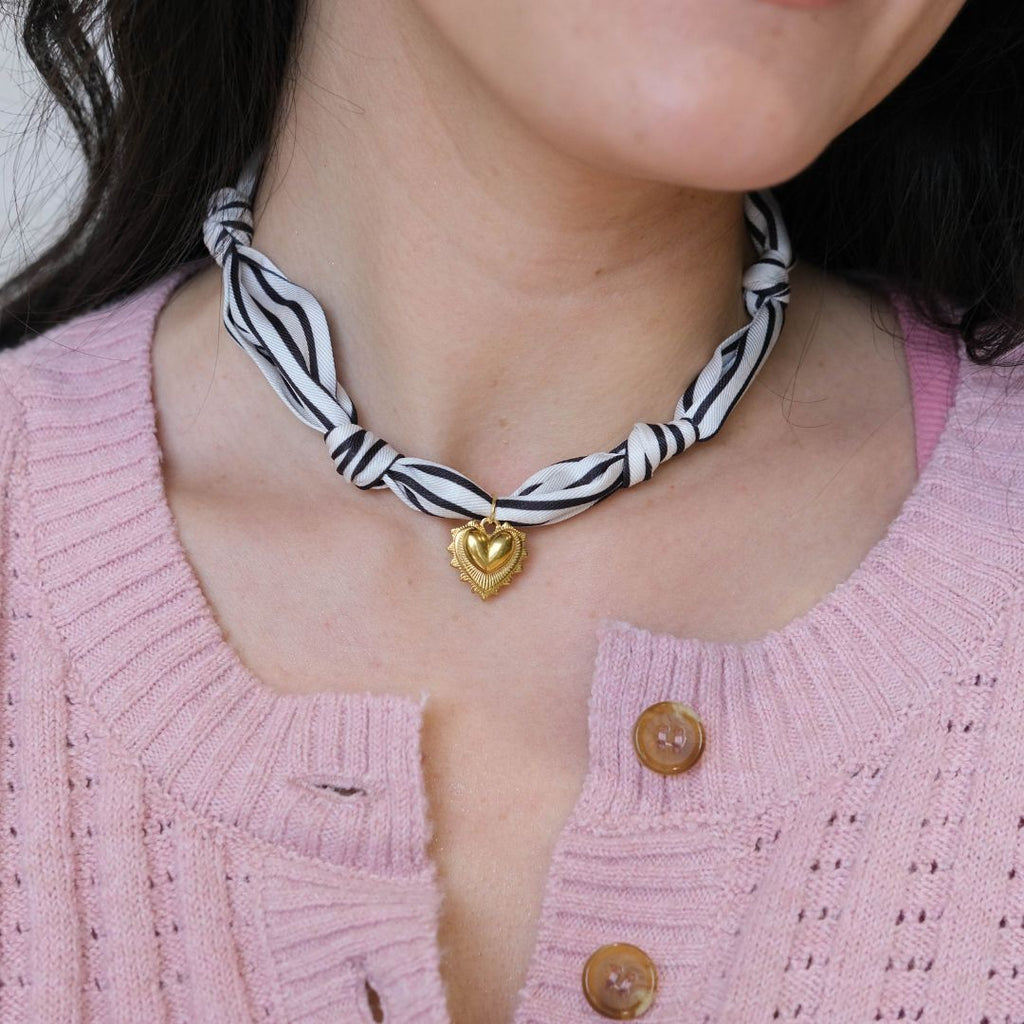 Black & White Stripe Satin Scarf Necklace in Gold
