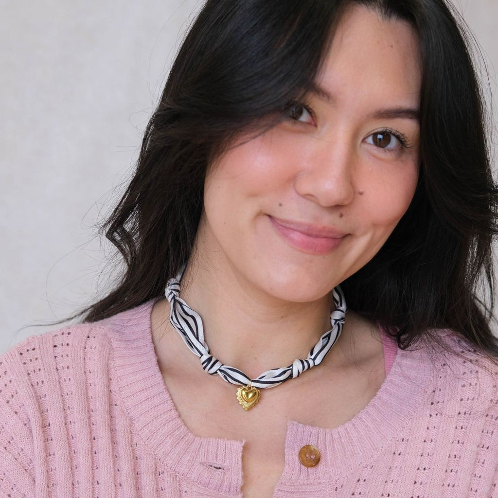 Black & White Stripe Satin Scarf Necklace in Gold