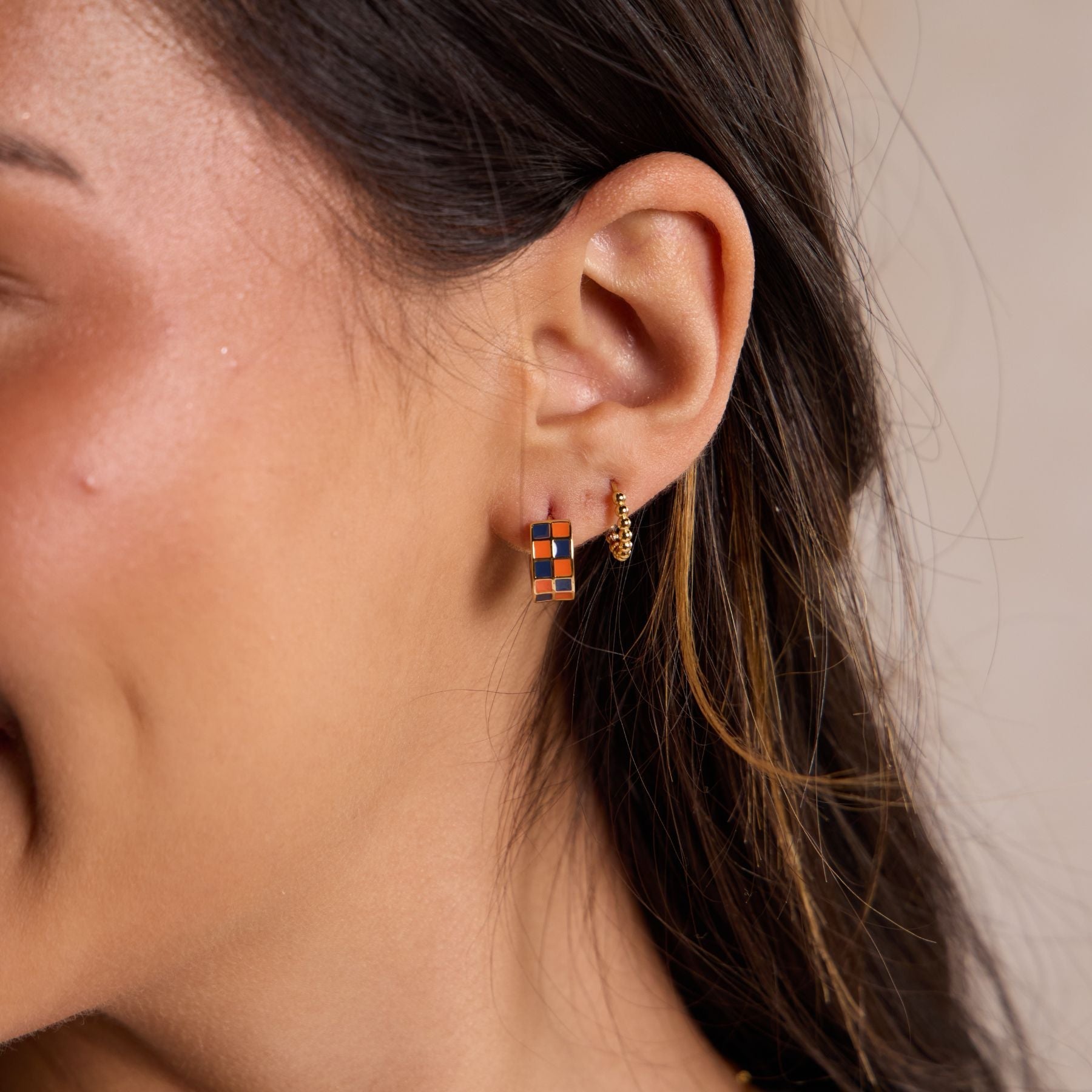 Blue & Orange Checkered Enamel Huggies