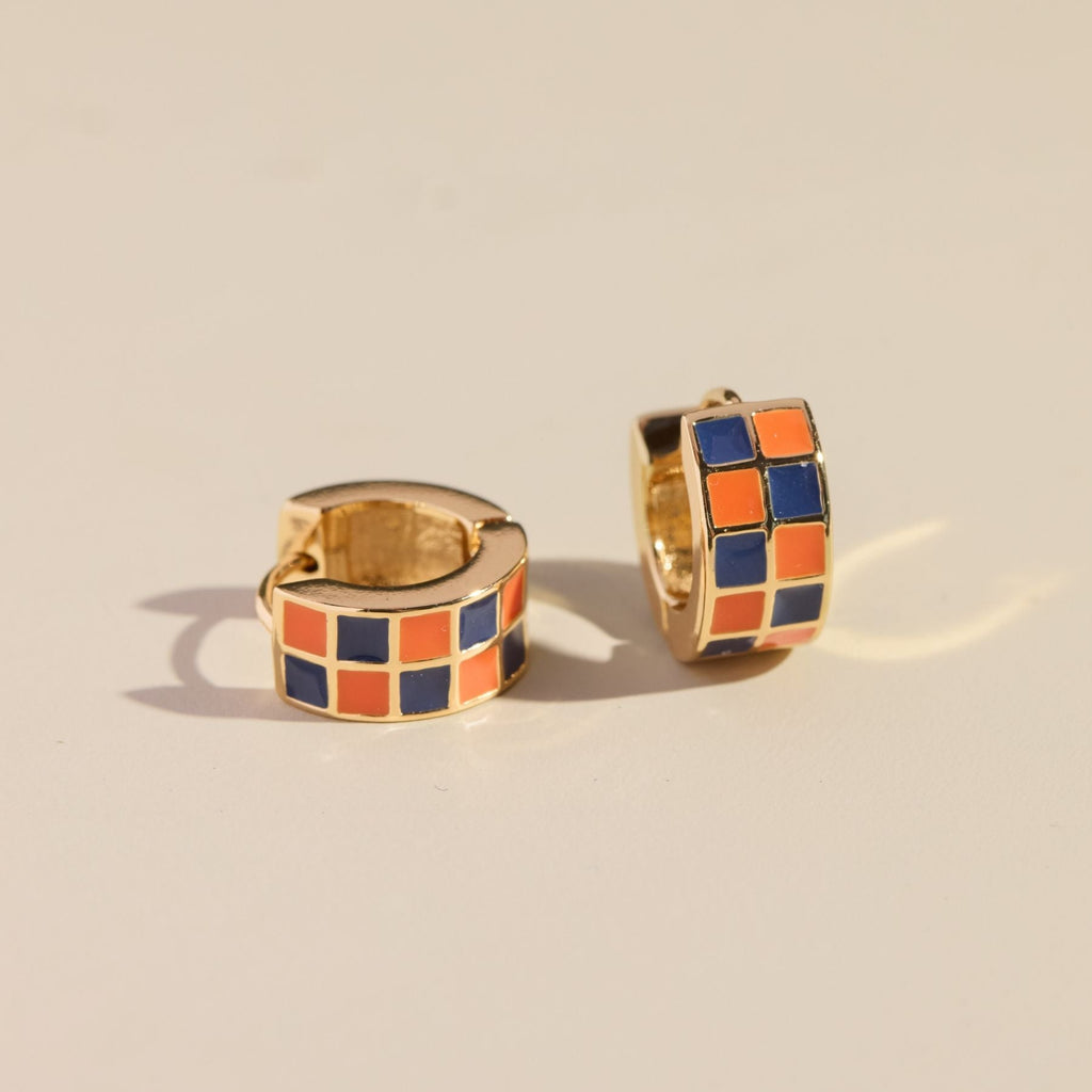 Blue & Orange Checkered Enamel Huggies