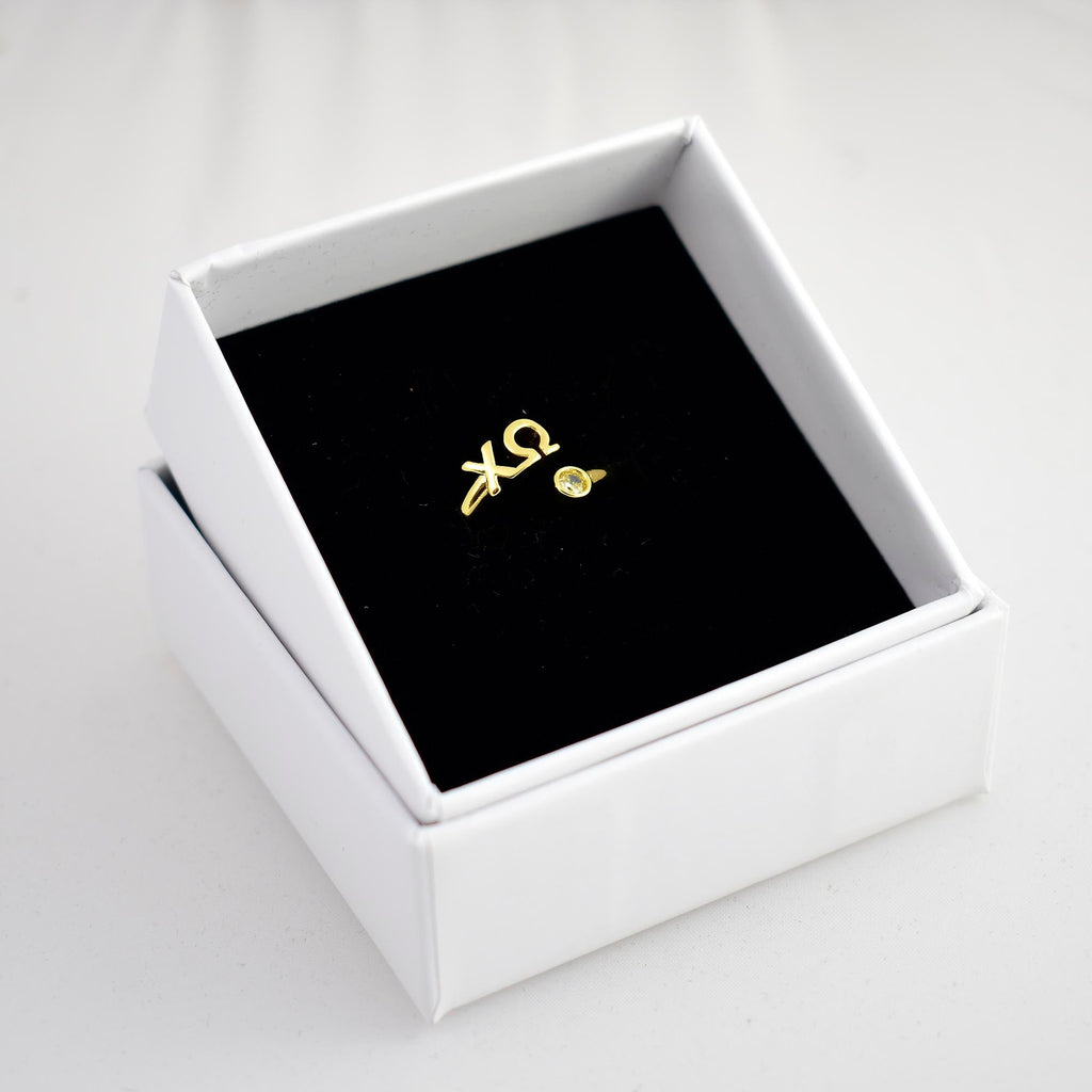 Chi Omega Ring- Gold Plated with Greek Letters and CZ Gemstone