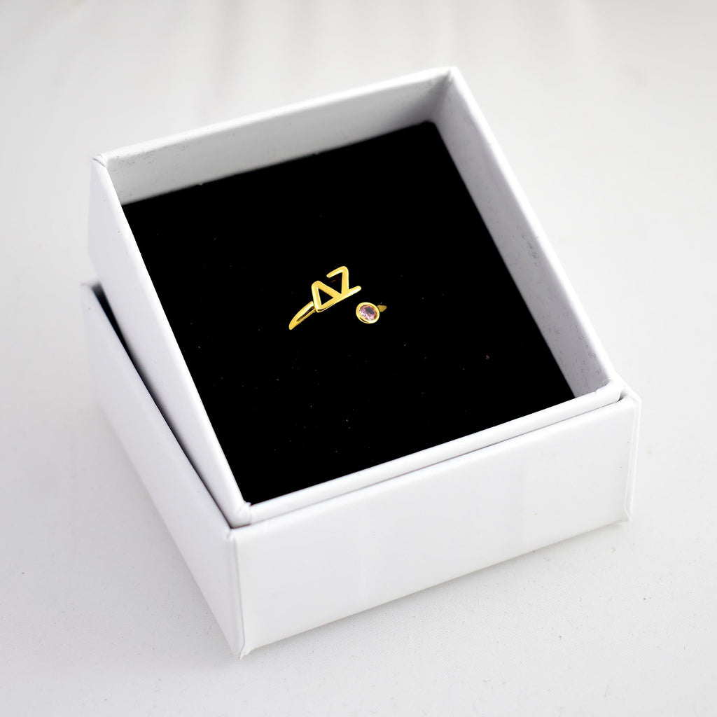 Delta Zeta Ring- Gold Plated with Greek Letters and CZ Gemstone