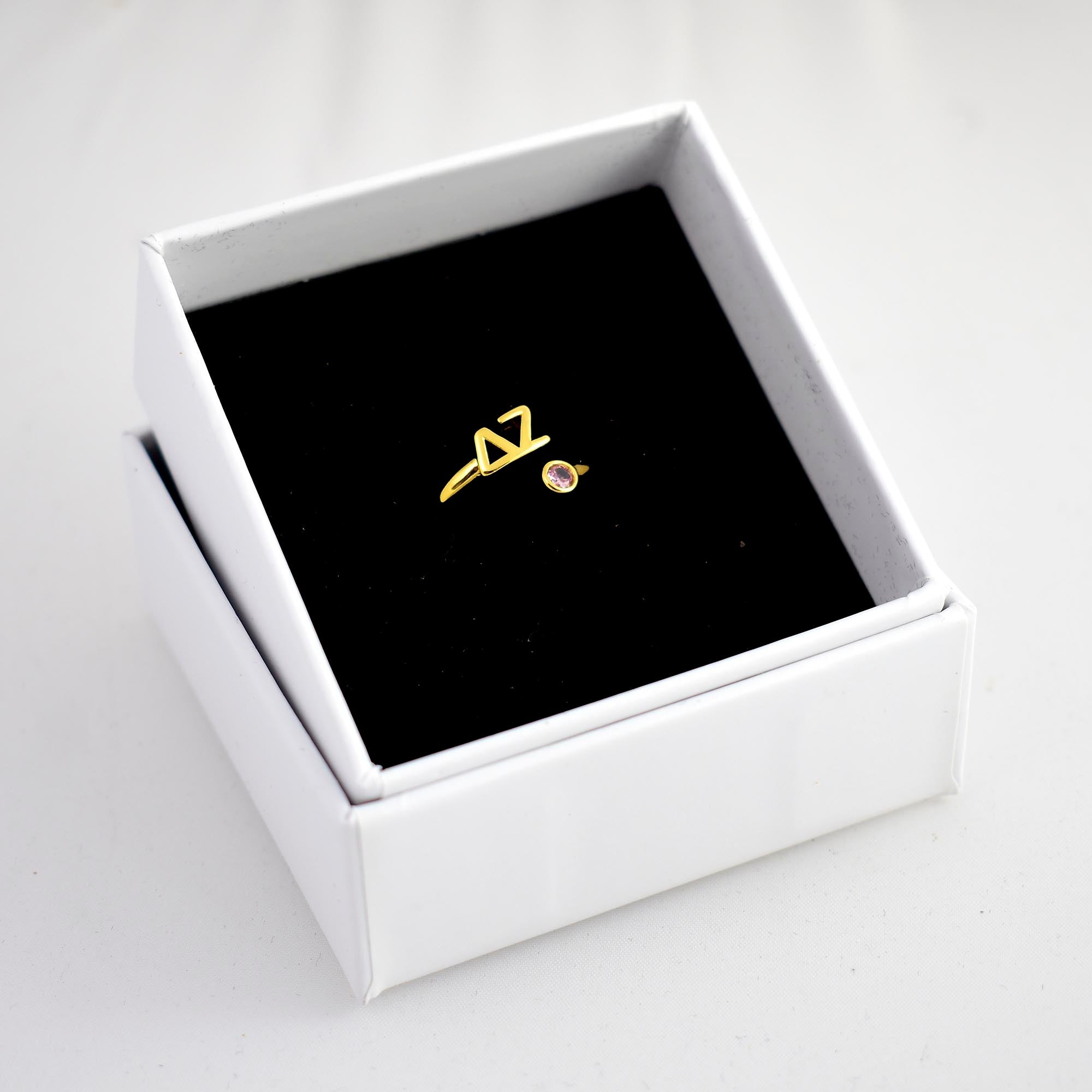 Delta Zeta Ring- Gold Plated with Greek Letters and CZ Gemstone