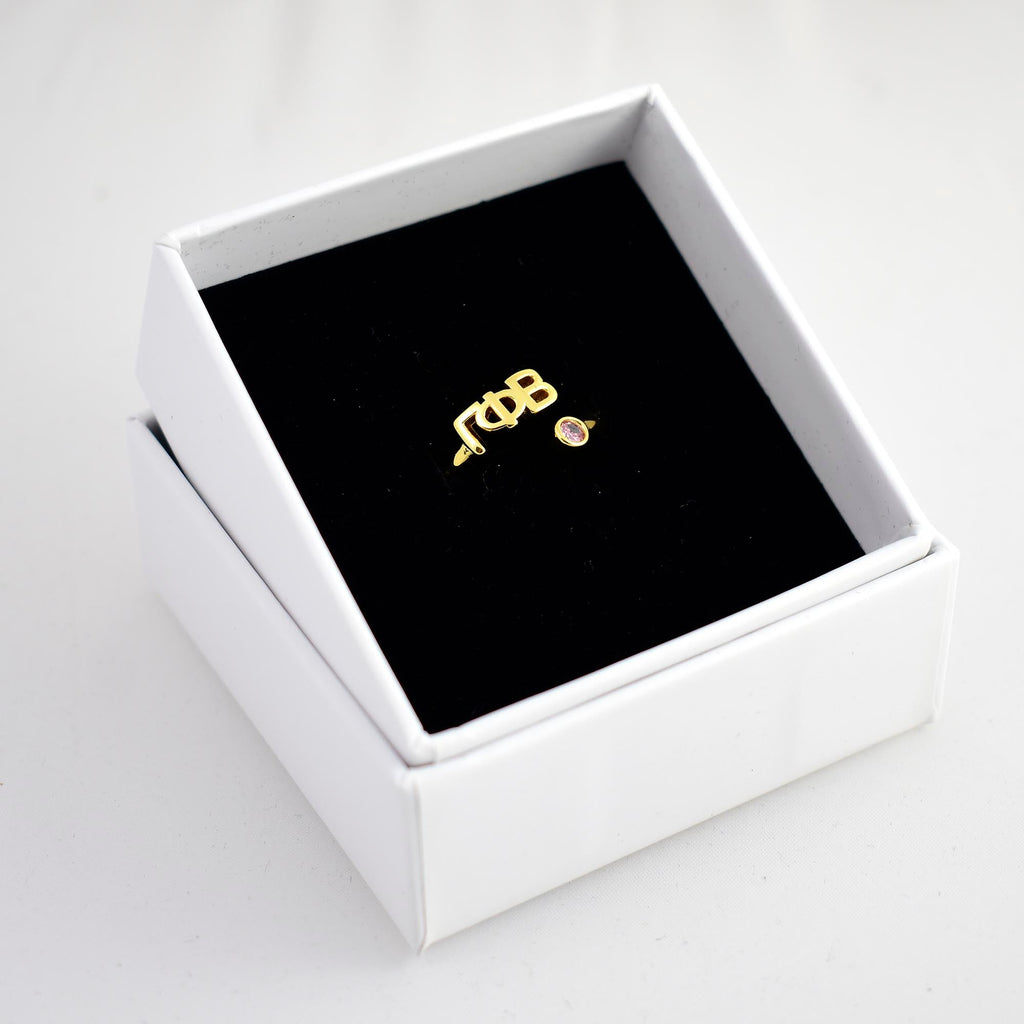 Gamma Phi Beta Ring- Gold Plated with Greek Letters and CZ Gemstone
