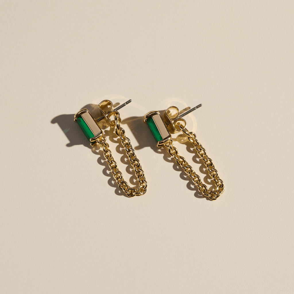 Green Baguette Chain Drop Studs