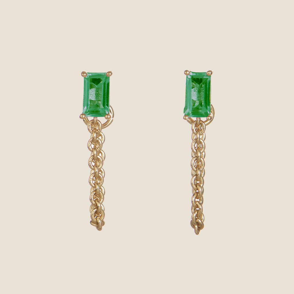 Green Baguette Chain Drop Studs