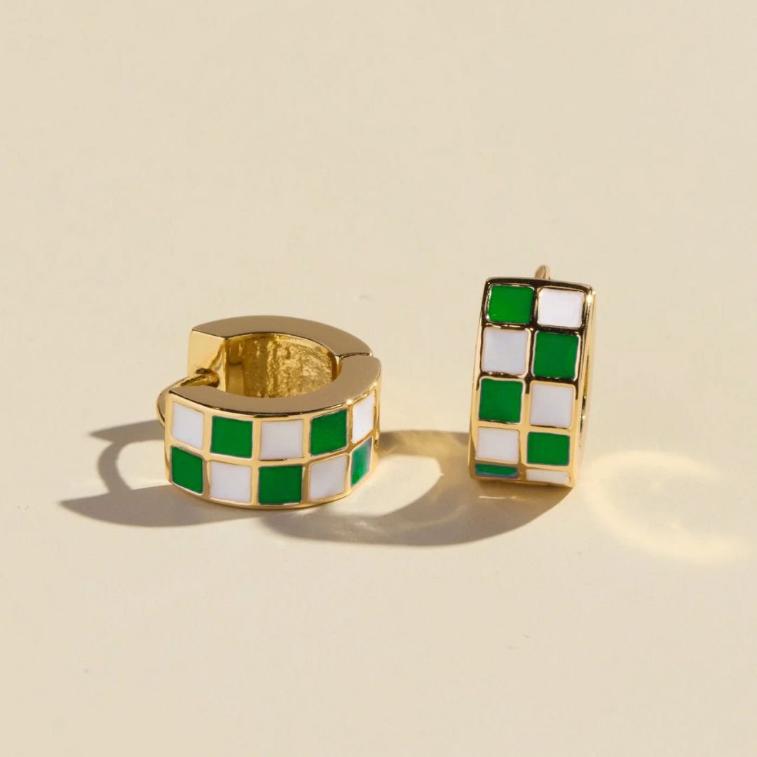 Green & White Checkered Enamel Huggies