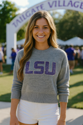 LSU Crystal Block Letters Gray Crewneck Sweater