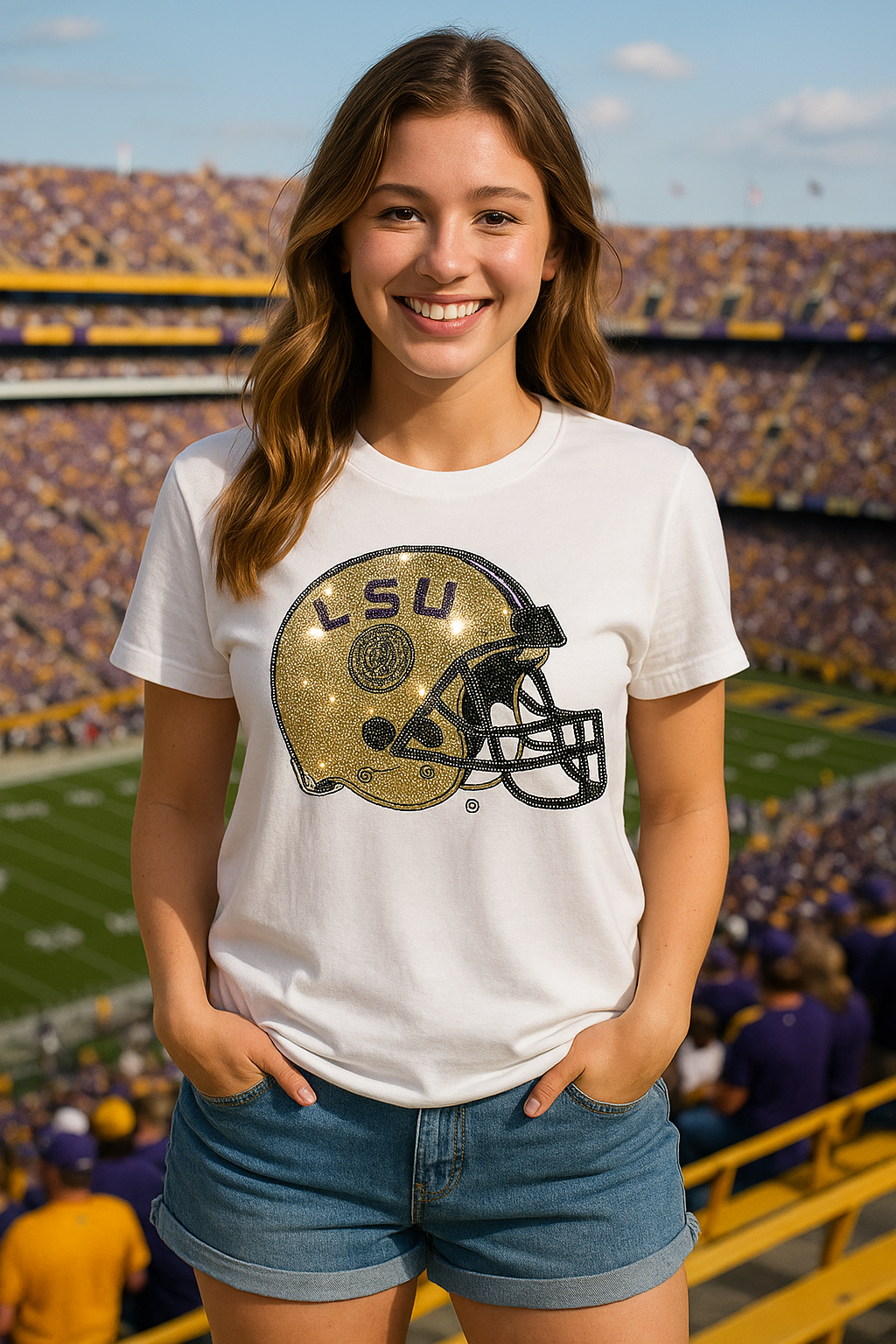 LSU Helmet White Crewneck Short Sleeve T-Shirt