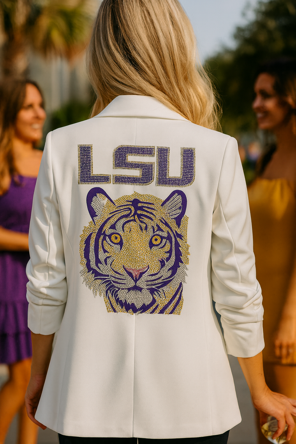 LSU Purple Tiger White Ruched Sleeve Blazer