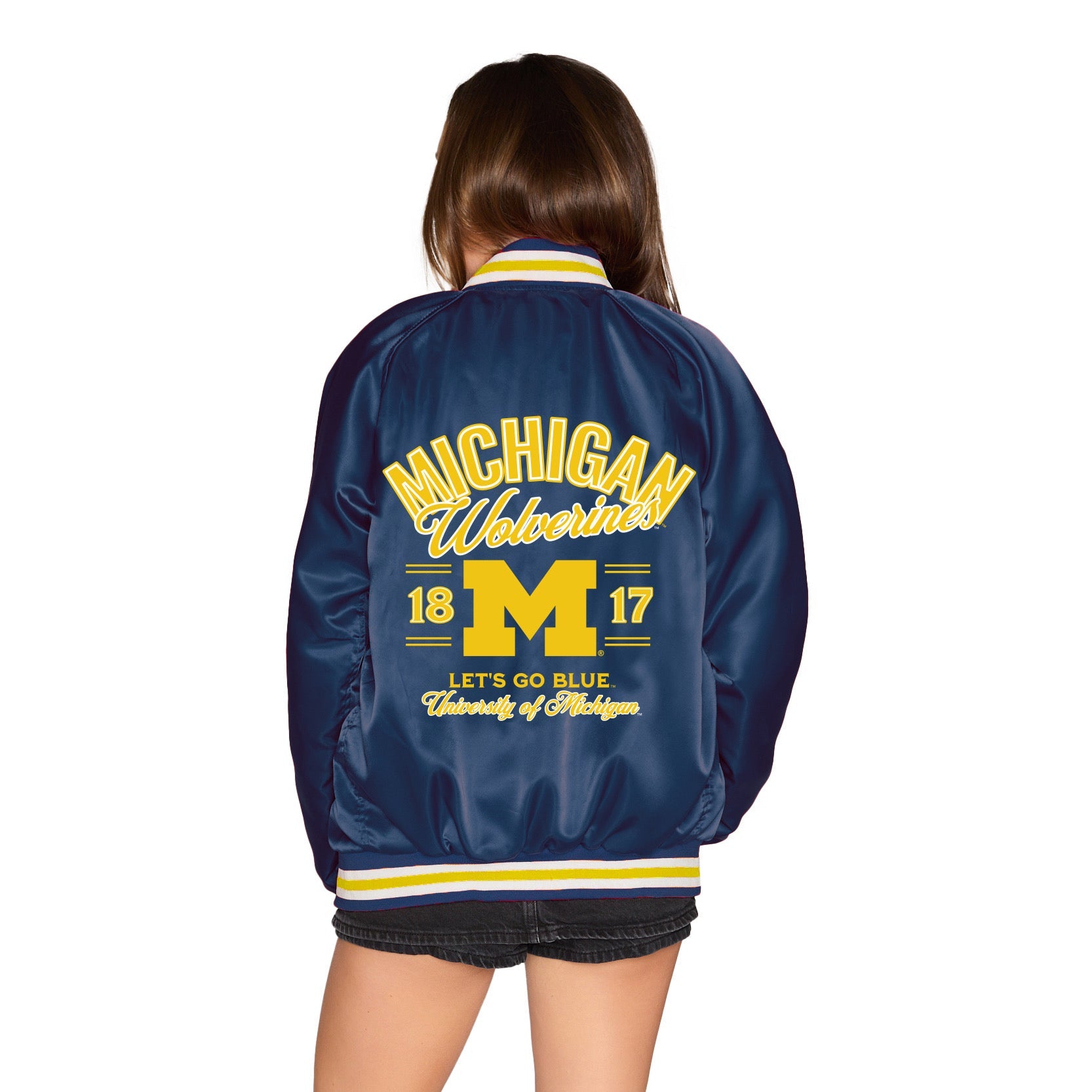 University of Michigan Navy Satin Letterman Bomber Jacket