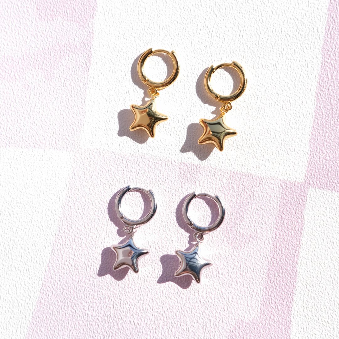Gold Waterproof Puffy Star Huggie Earrings