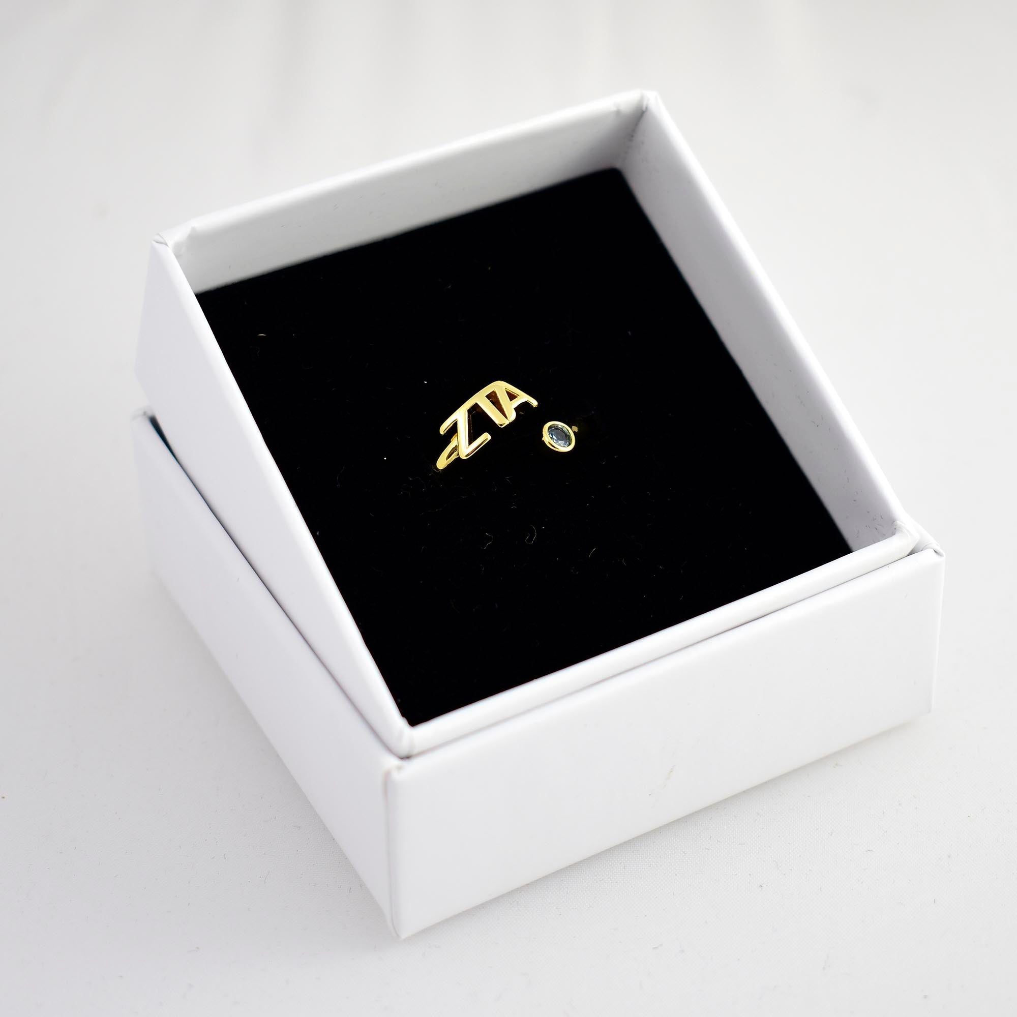 Zeta Tau Alpha Ring- Gold Plated with Greek Letters and CZ Gemstone